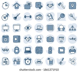 Blue tint and shade editable vector line icon set - alarm clock vector, fork loader, boarding, handshake, presentation board, printer, farm, rake, axe, picnic table, ripper, diagnosis, barbell, tv