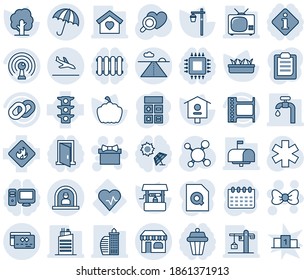 Blue tint and shade editable vector line icon set - arrival vector, umbrella, reception, shop, runway, gift, bow, calculator, calendar, tree, seedling, well, pumpkin, garden light, bird house, pulse