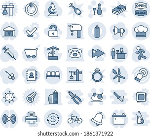 Blue tint and shade editable vector line icon set - waiting area vector, passport control, turkey, wine, well, syringe, microscope, run, virus, bike, touch screen, bell, dollar exchange, crane, cart