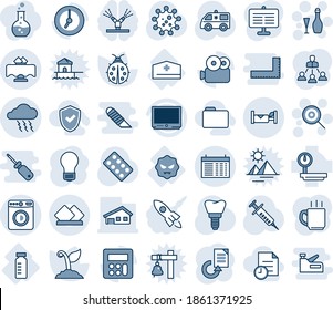 Blue tint and shade editable vector line icon set - washer vector, hotel, storm, schedule, lollipop, wine, bulb, document reload, sproute, lady bug, syringe, pills blister, ambulance car, implant