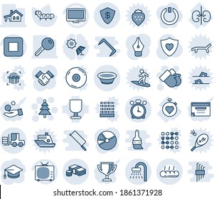 Blue tint and shade editable vector line icon set - alarm clock vector, shower, fork loader, christmas tree, gloves, graduate, caterpillar, heart shield, kidneys, stopwatch, fragile, tv, monitor, cd