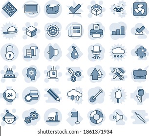 Blue tint and shade editable vector line icon set - lock vector, gift, tea, cake, christmas elf, contract, office chair, job, printer, pills blister, pear, flag, 24 hours, tulip, news, monitor, coin