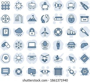 Blue tint and shade editable vector line icon set - baggage trolley vector, lock, parking sign, candy, sleigh, manager, pen, rain, pills, liver, virus, store, sorting, flammable, microphone, menu