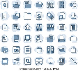 Blue tint and shade editable vector line icon set - office binder vector, document search, patient card, receipt, folder, photo gallery, paper, tray, archive box, download, uplooad, share, network