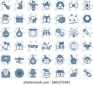 Blue tint and shade editable vector line icon set - flight table vector, firework, gift, bow, santa claus, christmas sock, ball, garland, landscape, bell, gloves, calendar, deer, rocket, wreath, hat