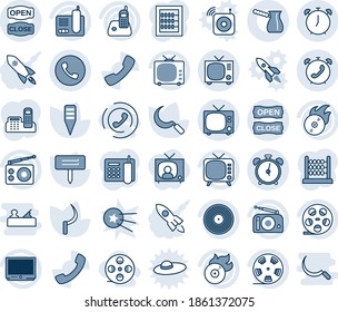 Blue tint and shade editable vector line icon set - alarm clock vector, phone, tv, sickle, plant label, reel, vinyl, flame disk, radio, call, abacus, office, open close, turkish coffee, horn, rocket