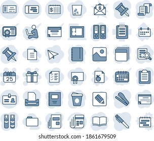 Blue tint and shade editable vector line icon set - ticket vector, identity, gift, 25 dec calendar, contract, book, office binder, document search, notepad, coffee, drawing pin, diet list, schedule