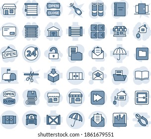 Blue tint and shade editable vector line icon set - 24 around vector, automatic door, umbrella, shop, checkroom, doors, star letter, book, store, container, package, mail, fast forward, scanner