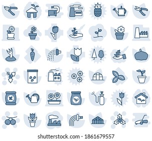 Blue tint and shade editable vector line icon set - holly vector, rowanberry, factory, flower in pot, seedling, watering can, sproute, pruner, pumpkin, greenhouse, seeds, garden sprayer, fertilizer