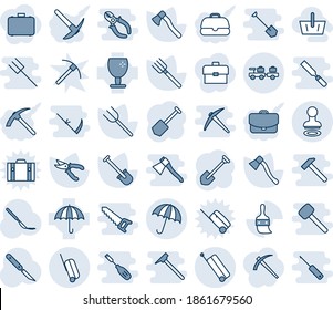 Blue tint and shade editable vector line icon set - suitcase vector, umbrella, stamp, baggage larry, job, shovel, farm fork, pruner, axe, scalpel, fragile, themes, basket, case, hard work, portfolio