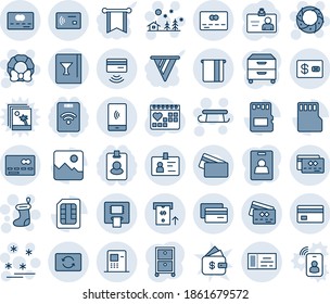 Blue tint and shade editable vector line icon set - credit card vector, ticket, identity, christmas sock, landscape, sleigh, wreath, sale, medical calendar, gallery, sd, sim, tap pay, exchange, atm