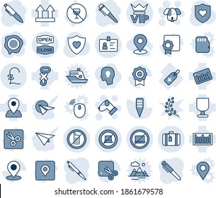 Blue tint and shade editable vector line icon set - no mobile vector, laptop, vip, suitcase, computer sign, identity, dog, pen, stamp, plant label, heart shield, medical, alcohol, navigation, hook