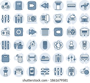 Blue tint and shade editable vector line icon set - airport tower vector, baggage conveyor, security gate, stamp, traffic controller, vip zone, passport control, metal detector, floor scales, remote