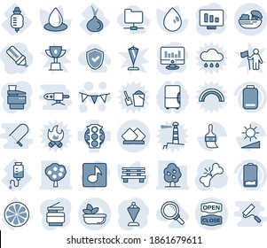 Tinta azul y sombra editable conjunto de iconos de línea vectorial - vectores de garland de bandera, pendiente, monitor estadístico, caída de agua, banco, hueso roto, contador, rodaja de limón, cebolla, semáforo, batería baja, temas