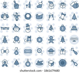 Blue tint and shade editable vector line icon set - christmas tree vector, firework, gift, bow, santa claus, sock, garland, ball, bell, gloves, cake man, snowman, lollipop, wreath, angel, wine, elf