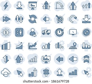 Blue tint and shade editable vector line icon set - elevator vector, left arrow, growth statistic, crisis graph, navigation, sorting, data exchange, download, compass, update, dollar sun, bar, redo