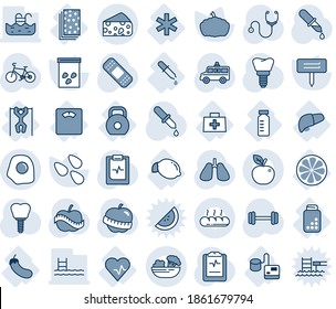 Blue tint and shade editable vector line icon set - plant label vector, pumpkin, seeds, stethoscope, dropper, patch, ambulance car, barbell, bike, lungs, implant, pulse clipboard, diet, heart, vial
