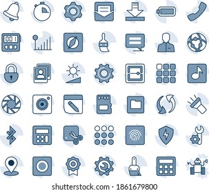 Blue tint and shade editable vector line icon set - call vector, menu, message, update, mobile camera, protect, settings, themes, user, calculator, stopwatch, bell, mail, record, scanner, sd, folder