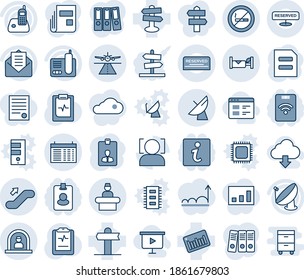 Blue tint and shade editable vector line icon set - runway vector, reception, satellite antenna, escalator up, no smoking sign, hotel, schedule, identity card, document, pulse clipboard, signpost