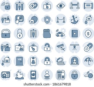 Blue tint and shade editable vector line icon set - fence vector, passport control, security gate, bomb in case, stamp, lock, vip zone, metal detector, insurance, terrorism, officer window, hose, sd