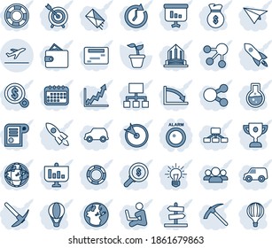 Blue tint and shade editable vector line icon set - departure vector, seedling, alarm led, target, group, rocket, wallet, money bag, clock, earth, growth graph, crisis, search, idea, calendar, flask