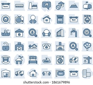 Blue tint and shade editable vector line icon set - office building vector, house with tree, pond, pool, mailbox, water supply, fruit, mountains, warehouse, rent, rooms, sold signboard, client, lock