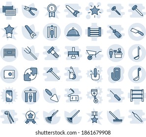 Blue tint and shade editable vector line icon set - passport control vector, security gate, fenced area, metal detector, christmas star, trowel, farm fork, rake, pruner, saw, cargo container, rack