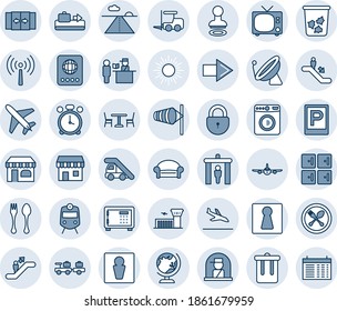 Blue tint and shade editable vector line icon set - plane vector, antenna, satellite, arrival, baggage conveyor, parking, spoon and fork, cafe, security gate, automatic door, train, escalator, male