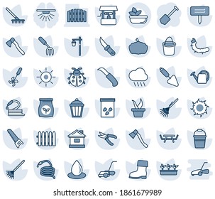 Blue tint and shade editable vector line icon set - job vector, trowel, garden fork, fence, rake, seedling, watering can, bucket, pruner, boot, saw, lawn mower, lady bug, house, water drop, sun, axe