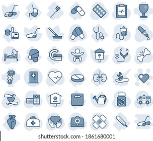Blue tint and shade editable vector line icon set - baby vector, first aid room, heart, rake, watering can, lawn mower, bird house, pulse, doctor case, stethoscope, dropper, pills, bottle, blister