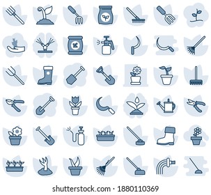 Blue tint and shade editable vector line icon set - job vector, flower in pot, garden fork, shovel, farm, rake, seedling, watering can, sproute, pruner, boot, hoe, sickle, sprayer, fertilizer, hand