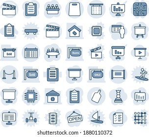 Blue tint and shade editable vector line icon set - fence vector, flight table, schedule, presentation board, meeting, clipboard, clapboard, sale, rooms, sold signboard, smart home, cutting, chip