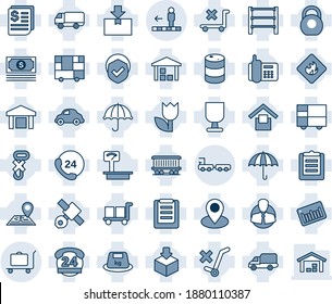 Blue tint and shade editable vector line icon set - baggage trolley vector, travolator, truck, navigation, pin, railroad, satellite, cash, office phone, 24 hours, client, car delivery, receipt, no