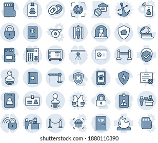 Blue tint and shade editable vector line icon set - fence vector, barrier, passport control, identity, stamp, safe, lock, vip zone, metal detector gate, officer window, card, hose, shield, flammable