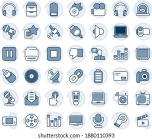 Juego de iconos de línea de vector editable de tonos azules y sombras - vectores de oficina de boletos, antena de satélite, vinilo, disco de llama, cámara, micrófono, altavoz, tv, ecualizador, vídeo, control remoto, pantalla táctil, cadena