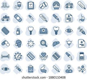 Blue tint and shade editable vector line icon set - doctor case vector, diagnosis, syringe, dropper, thermometer, pills, bottle, blister, patch, tomography, ambulance car, hospital bed, stomach, eye