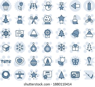 Blue tint and shade editable vector line icon set - left arrow vector, christmas tree, gift, ball, garland, snowflake, star, snowman, hat, holly, wreath, snowball, santa stick, heart, tulip, themes