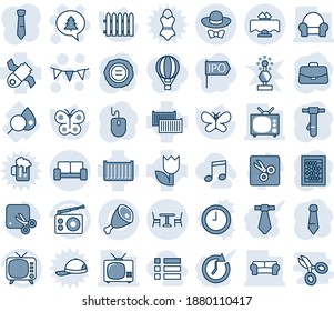 Blue tint and shade editable vector line icon set - cafe vector, vip waiting area, merry christmas message, flag garland, case, abacus, mouse, tie, stamp, fence, butterfly, blood test, satellite, tv
