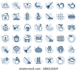 Blue tint and shade editable vector line icon set - flower in pot vector, farm fork, fence, rake, ladder, seedling, tree, watering can, wheelbarrow, sproute, butterfly, lady bug, house, sun, well