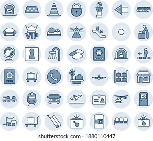 Blue tint and shade editable vector line icon set - runway vector, taxi, suitcase, departure, baggage conveyor, trolley, airport bus, coffee machine, train, escalator, phone, female, waiting area