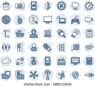 Blue tint and shade editable vector line icon set - wireless notebook vector, antenna, no computer sign, mouse, monitor pulse, virus, mobile heart, support, folder document, gamepad, network, share