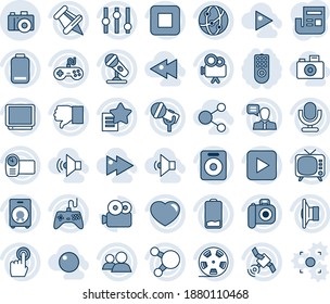 Blue tint and shade editable vector line icon set - camera vector, reel, microphone, satellite, speaker, tv, gamepad, settings, video, network, touch screen, share, group, finger down, heart, stop