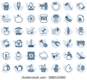 Blue tint and shade editable vector line icon set - flower in pot vector, shovel, rake, seedling, watering can, wheelbarrow, bucket, sproute, pruner, glove, lawn mower, fire, house, water drop, rain