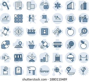 Blue tint and shade editable vector line icon set - fence vector, arrival, passport control, female wc, baggage truck, plane globe, bell, lollipop, office building, growth statistic, seedling, flag