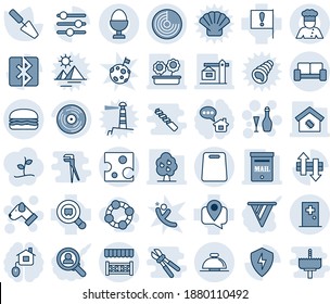 Blue tint and shade editable vector line icon set - reception bell vector, vip waiting area, radar, first aid room, wine, dog, trowel, important flag, mobile tracking, search cargo, vinyl, protect
