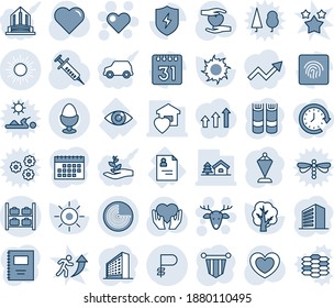 Blue tint and shade editable vector line icon set - sun vector, radar, luggage storage, heart, christmas deer, office building, book, pennant, tree, syringe, hand, patient card, eye, protect, ruble