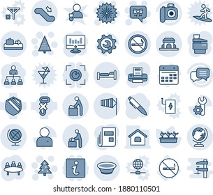 Blue tint and shade editable vector line icon set - baggage conveyor vector, no smoking, baby room, globe, bed, escalator down, side wind, christmas tree, firework, bow message, hierarchy, pen, sign