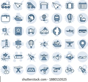 Blue tint and shade editable vector line icon set - runway vector, taxi, suitcase, airport bus, train, passport, ladder car, boarding, helicopter, plane globe, traffic controller, baggage, small