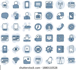 Blue tint and shade editable vector line icon set - phone vector, no laptop, antenna, snowmobile, mobile, heart monitor, tracking, term, call, message, gallery, user, clock, bell, mail, scanner, sim