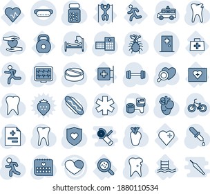 Blue tint and shade editable vector line icon set - first aid room vector, monitor pulse, diagnosis, blood pressure, dropper, heart diagnostic, pills, bottle, ambulance star, car, barbell, bike, run
